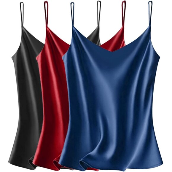 Vidussa Womens Black Navy Red V Neck Silk Satin Cami Sleeveless Blouses Pack - Picture 1 of 6